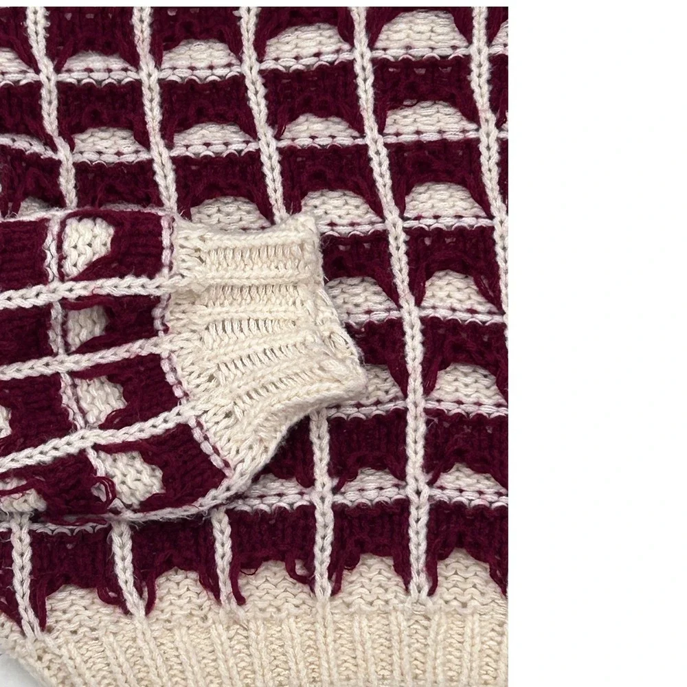 Blu Pepper Burgundy Cream Checkerboard Chunky Knit Sweater Oversized Large